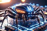 Fototapeta Fototapety z końmi - Glowing cyber neon microchip spider networked on a digital data spider web mesh, Cybersecurity protect and hack system concept