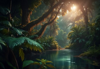 Fantasy landscape , tropical jungle with palm trees , river and beautiful sunlight,