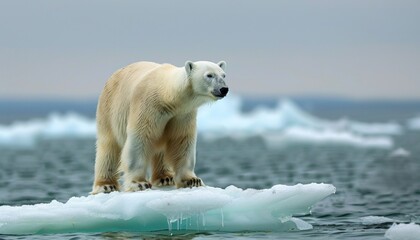 Wall Mural - Polar bear on ice, surrounded by water and sky, in its natural Arctic landscape