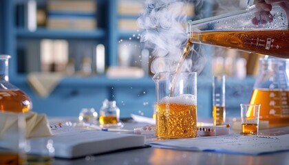 Wall Mural - Pouring liquid into beaker in lab during science experiment