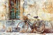 retro bicycle adventure vintage bike with basket on charming city street watercolor illustration