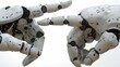 White cyborg female and male robotic hands pointing his finger.