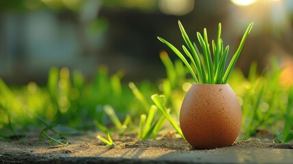 Canvas Print - Picture a pot resembling a chicken egg sprouting vibrant green strands like the first wheat shoots pushing through the sunlit sand on a beautiful spring day