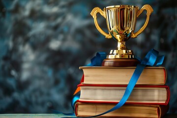 Wall Mural - stack of books with golden trophy and medal academic achievement and graduation