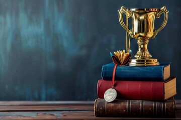 Wall Mural - stack of books with golden trophy and medal academic achievement and graduation