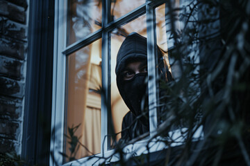 Poster - Hooded thief breaking in through the window of a house to steal, emphasizing the vulnerability of residences to intrusions without adequate protection