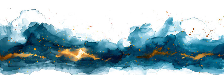 Turquoise and gold watercolor spot on transparent background.