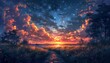 Sky with clouds and stars. Summer romantic night with a sunset near the river