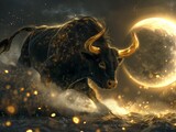 Fototapeta  - A digital painting of a black bull with glowing golden horns and hooves, running towards the viewer with a full moon in the background.