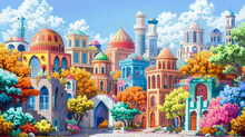 Illustration Of A Vibrant, Colorful Fantasy Cityscape With Diverse Architectural Styles And Lush, Multicolored Trees Under A Clear, Blue Sky.