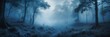 dark blue foggy fantasy forest landscape background from Generative AI