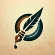 A creative logo is represented by a feathered quill, signifying writing or literary endeavors. The quill is intricately interlaced with a swirling brown ribbon, together creating a circular patte...