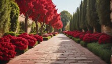 Burgundy Red Flowers Trees And Bushes Landscaping In Park With Alley Stone Walkway Path From Generative AI
