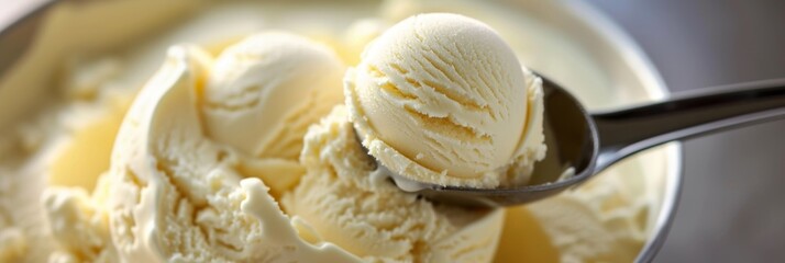 Wall Mural - Close-up of a vanilla ice cream scoop in a spoon, wide panoramic format.