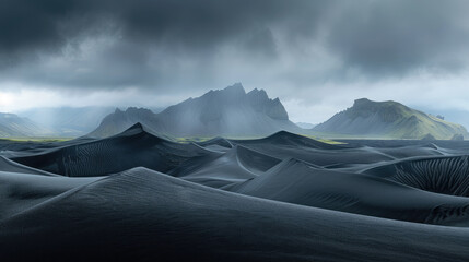 Wall Mural - Desolate black desert landscape with mountains in the background under a cloudy sky