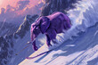 A purple elephant is skiing down a snowy mountain