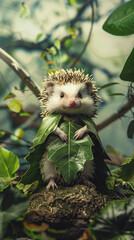 Wall Mural - A hedgehog is wearing a leafy costume and standing on a rock