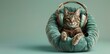 Sweet dreams! Tabby cat naps in a headphone-shaped cat bed. Light green background..