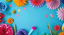 Father S Day Background Design Idea Featuring A Top Down View Of Colorful Paper Decorations And Crafting Tools Set Against A Blue Table Backdrop Complete With Ample Space For Additional Elem