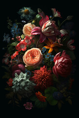 Wall Mural - close up photography of detailed floral art on black background