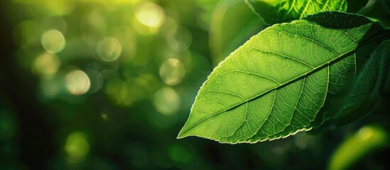 Wall Mural - A green leaf is pictured against a blurred green backdrop, showcasing its beautiful texture under sunlight. The background features a natural landscape of green plants, emphasizing ecology.