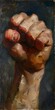 hand holding piece meat raised fist brute closeup obey