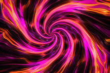 Hypnotic Neon Swirls In Pink And Orange Kaleidoscope. Beautiful Abstract Art On Black Background.