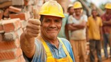 Fototapeta  - The skilled bricklayer gave a confident thumbs up signaling approval on Labor Day amidst a crowd of builders engineers and laborers