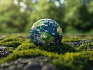 Earth day. Globe nestled in grass with daisies, highlighting Earth's natural beauty and ecology