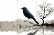 Home panel wall art three panels, marble background with bird on root silhouette