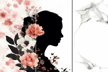 Sticker - Home panel wall art three panels, marble background with woman and flowers silhouette