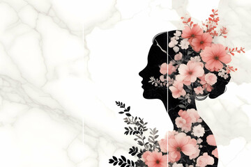 Sticker - Home panel wall art three panels, marble background with woman and flowers silhouette
