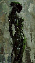 Woman Green Suit Standing Front Wall Cybernetic Body Military Robot Desire Algorithm Scheme