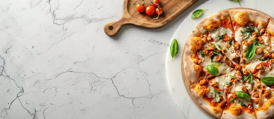 Wall Mural - Top-down view of a wooden circular board placed on a white stone kitchen table, with a wooden pizza platter and empty space for text.