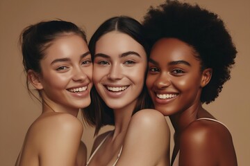 Generative AI : Beauty, diversity and portrait of women happy with makeup for cosmetic skincare isolated in studio brown background. 