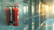 Fire extinguisher hanging on an office wall, safety measures at work. Fire emergency