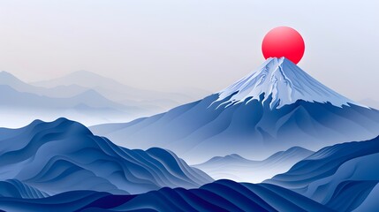 Wall Mural - Sun above the mountain with Japanese style. 