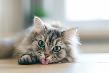 Aufkleber - Generative AI : Funny large longhair gray kitten with beautiful big green eyes lying on white table. Lovely fluffy cat licking lips. Free space for text.