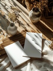 Aufkleber - Generative AI : mockup of two blank 7x5 inch sheets lying at an angle to each other on a mockup style