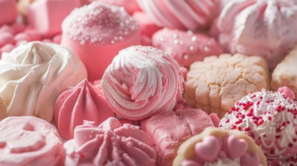 Wall Mural - Indulge in a delightful array of homemade pink marshmallows luscious zephyr treats and scrumptious cookies up close capturing the essence of sweetness Think marshmallows meringues and zephy