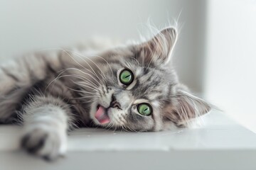 Aufkleber - Generative AI : Funny large longhair gray kitten with beautiful big green eyes lying on white table. Lovely fluffy cat licking lips. Free space for text.