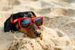 Generative AI : beautiful dog of dachshund, black and tan, buried in the sand at the beach sea on summer vacation holidays