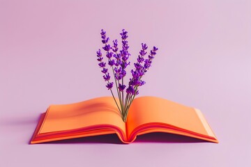 Generative AI : Orange book or notebook with lavender flowers inside on pink background 