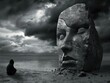 Abstract picture where a man sits alone in thought in front of a large statue In the form of a face, Symbolizes the inability to make a decision and hopelessness