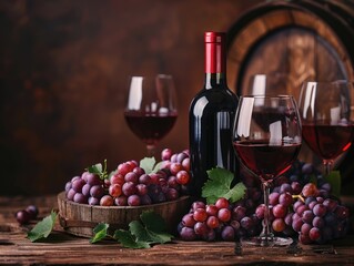 The wine and glasses in the wine cellar, grapes.