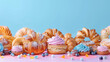 landscape of cookies, bakery, croissant, rolls, multicoloured, blue and peach gradient