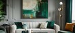 Interior design featuring an abstract painting on the wall, styled in emerald green and grey for a chic living room.