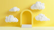 3d render yellow background with white clouds flying in front of tunnel entrance. Minimal scene empty, blank for mockup product display with copy space for text	