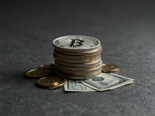 Photo of bitcoin coin concept on grey background