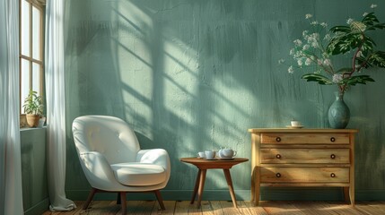 A small round table with a tea set on it, next to the wall is an empty dresser. In front of the dresser is a chair and window with white curtains. The modern interior design features sage